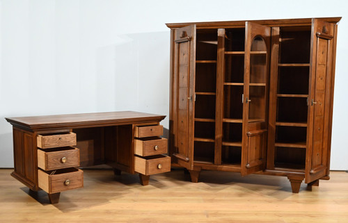 Oak bookcase with three doors