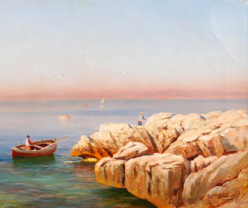 François GAUTIER Barque, Marseille, tableau marine paysage bateau pêche Provence