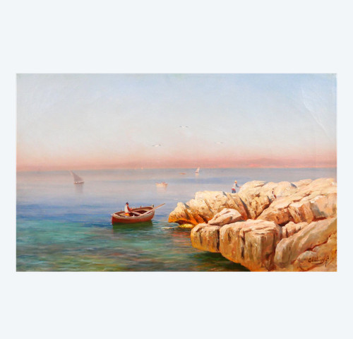François GAUTIER Barque, Marseille, tableau marine paysage bateau pêche Provence