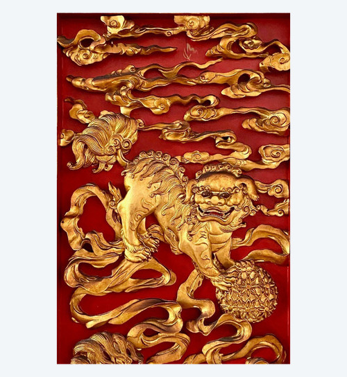 Vietnam, Fin Du XIXème, Déb. Du XXème Siècle, Panneau En Bois Sculpté Et Laqué Aux Chiens De Fo.