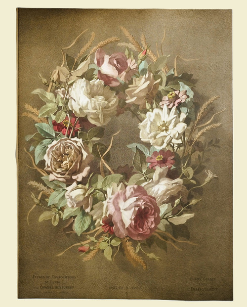 Kronenblumen-Teerosen und Zinnien, Aquarell-Lithographie nach Chabal Dussurgey, 19. Jahrhundert