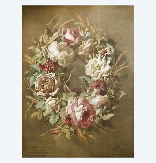 Kronenblumen-Teerosen und Zinnien, Aquarell-Lithographie nach Chabal Dussurgey, 19. Jahrhundert