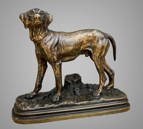 BRONZE ANCIEN SIGNÉ "ALFRED DUBUCAND 1828-1894 " REPRESENTANT UN CHIEN de CHASSE