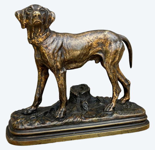BRONZE ANCIEN SIGNÉ "ALFRED DUBUCAND 1828-1894 " REPRESENTANT UN CHIEN de CHASSE