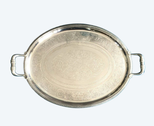 large oval serving tray with CHRISTOFLE handles, MALMAISON model, silver metal