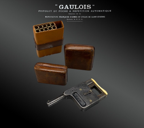 Pistola automatica a ripetizione “GAULOIS” n° 4 con fodero in cuoio fulvo - Francia - XIX secolo