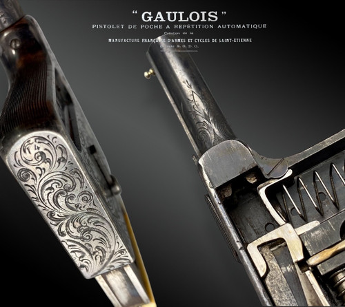 Pistola automatica a ripetizione “GAULOIS” n° 4 con fodero in cuoio fulvo - Francia - XIX secolo