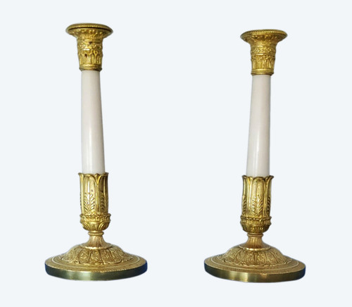 Pair of Candlesticks in gilded bronzes and white Carrara marble late 19th Century Empire Style