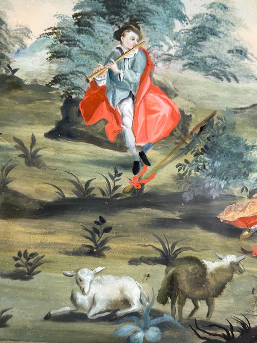 Paar feststehende Unterglasfenster aus dem 18. Jahrhundert - Romantische Szene und Jagdszene.