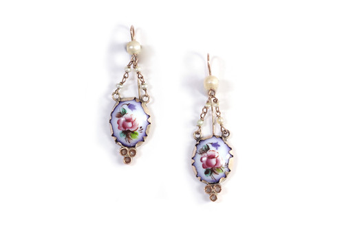 Demi-parure à fleurs et perles XIXe en or 9k, collier perles diamants, fleurs émaillées