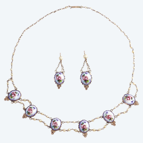 Demi-parure à fleurs et perles XIXe en or 9k, collier perles diamants, fleurs émaillées
