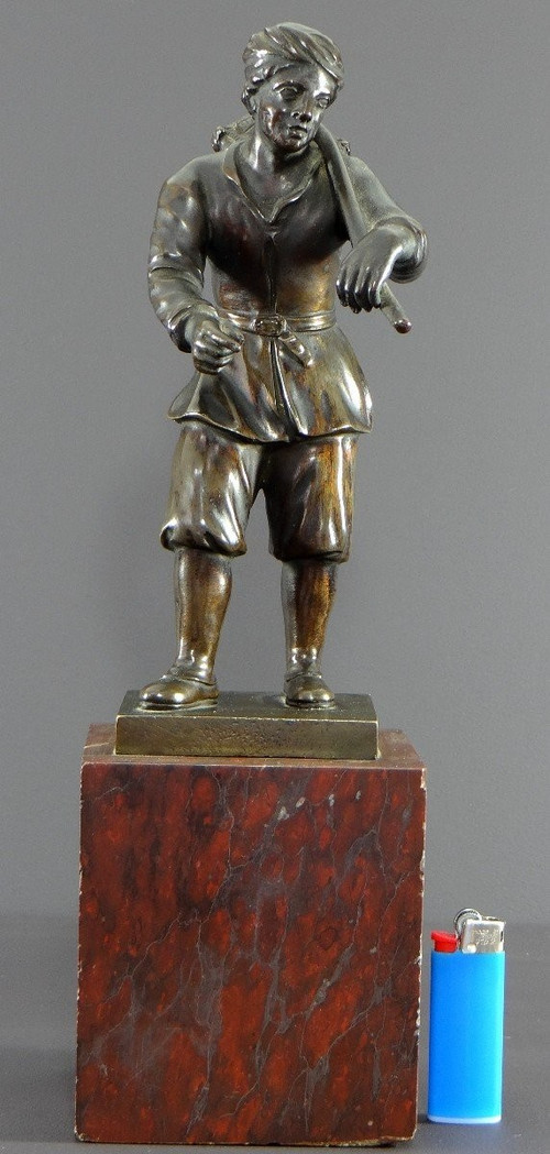 Italy, 18th Century, Bronze Statue Representing a Basket Carrier on a Marble Base.