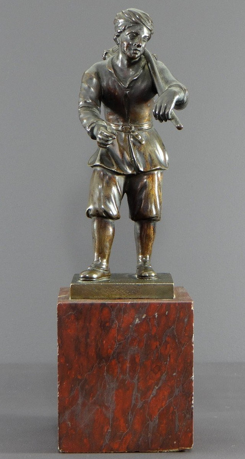 Italy, 18th Century, Bronze Statue Representing a Basket Carrier on a Marble Base.