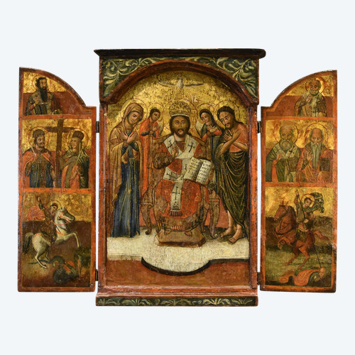 Griechische Ikone im Triptychon, die die Göttin und die Heiligen darstellt, Griechenland 17. Jahrhundert