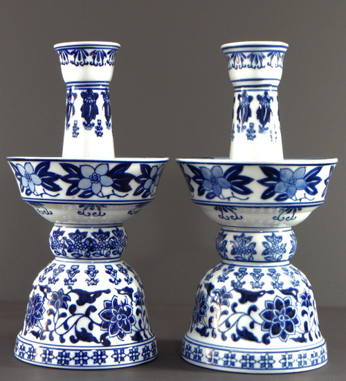 China, 1960s/1970s, Pair Of Porcelain Candlesticks Presenting A Rich Floral Decor.