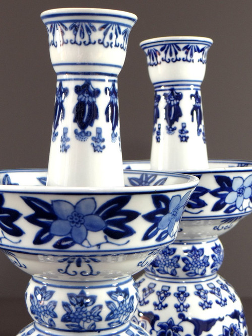 China, 1960s/1970s, Pair Of Porcelain Candlesticks Presenting A Rich Floral Decor.