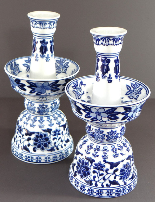 China, 1960s/1970s, Pair Of Porcelain Candlesticks Presenting A Rich Floral Decor.