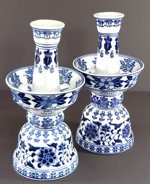 China, 1960s/1970s, Pair Of Porcelain Candlesticks Presenting A Rich Floral Decor.
