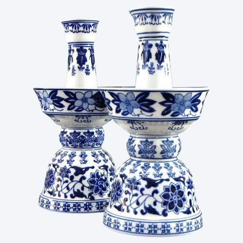 China, 1960s/1970s, Pair Of Porcelain Candlesticks Presenting A Rich Floral Decor.