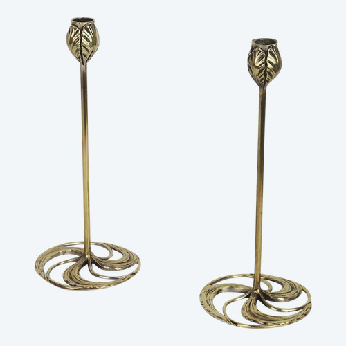 Pair of Art Nouveau Bronze Candlesticks by Abel Landry