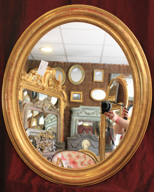 71 X 87 Cm Large Oval Gold Leaf Medallion Mirror Louis Philippe Perlé
