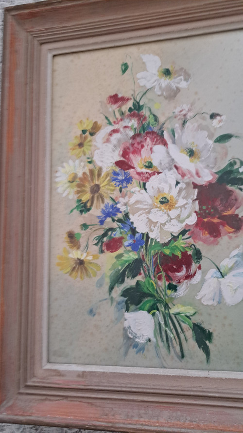 Tableau huile sur papier bouquet de fleurs signature à voir 20ème siècle