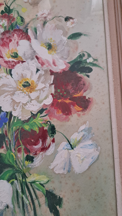 Tableau huile sur papier bouquet de fleurs signature à voir 20ème siècle