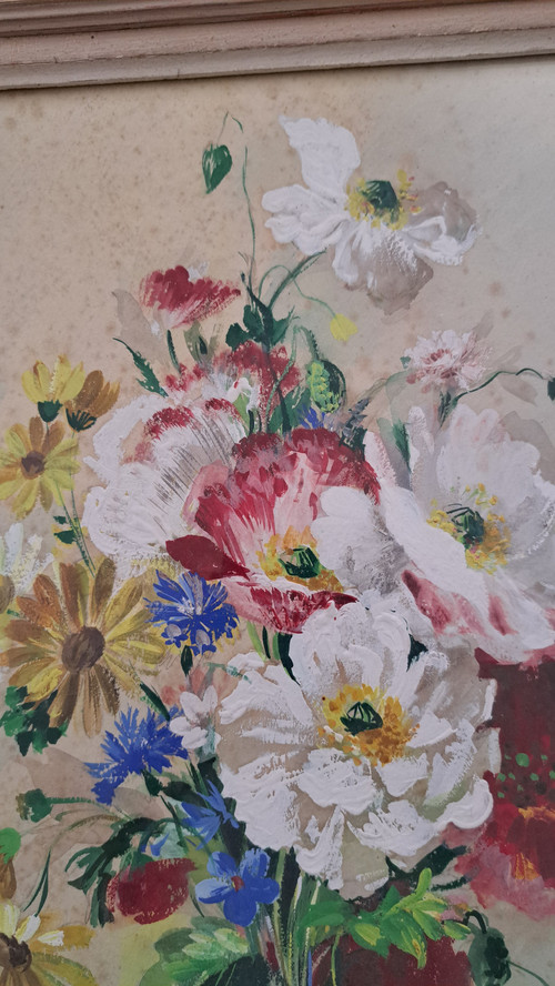 Tableau huile sur papier bouquet de fleurs signature à voir 20ème siècle