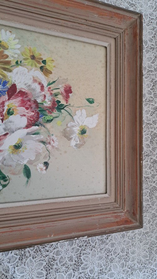 Tableau huile sur papier bouquet de fleurs signature à voir 20ème siècle