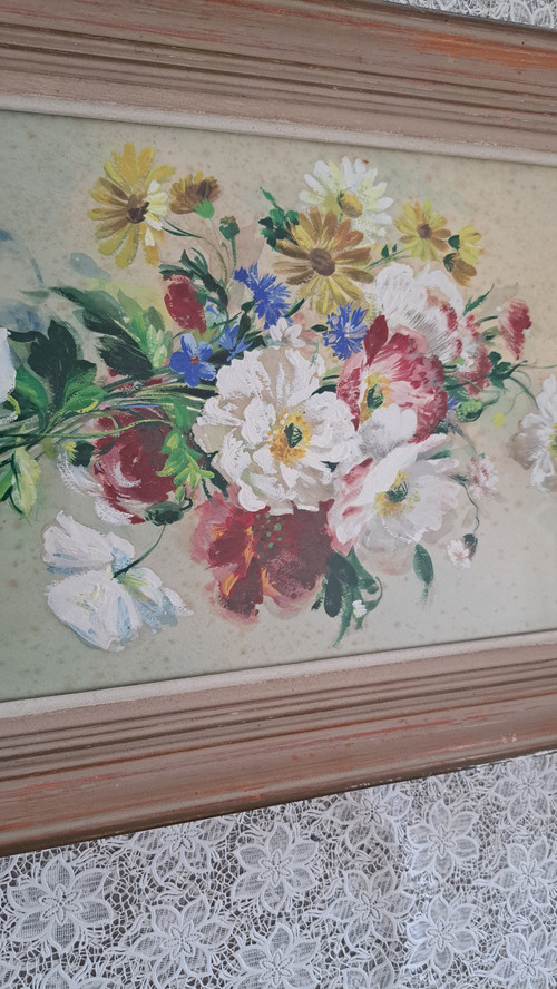 Tableau huile sur papier bouquet de fleurs signature à voir 20ème siècle