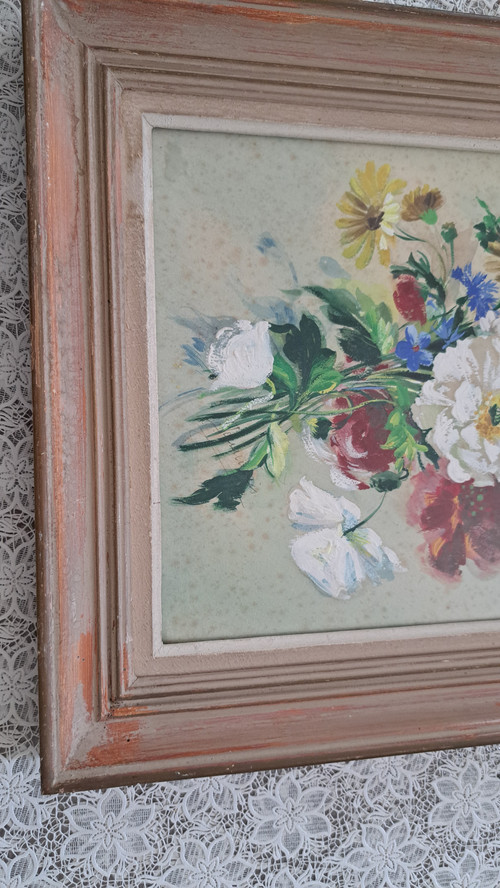 Tableau huile sur papier bouquet de fleurs signature à voir 20ème siècle