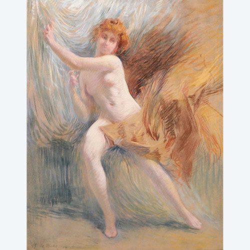 Henri Le Riche, Nude woman, pastel, Art Nouveau drawing impressionism painting
