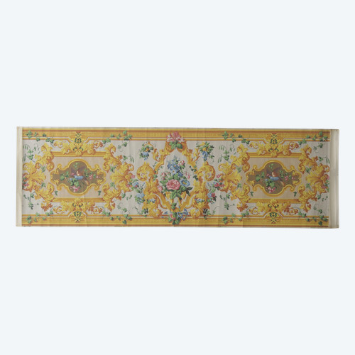 Striscia di carta da parati con uccelli e fiori del XIX secolo “tono grigio e oro”