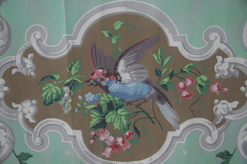 Lé de papier peint oiseaux et fleurs XIXe - « vert fin et gris »