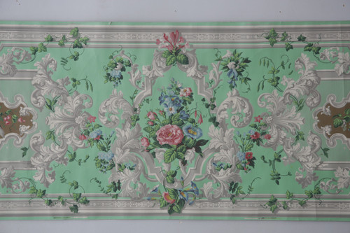 Lé de papier peint oiseaux et fleurs XIXe - « vert fin et gris »