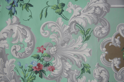 Lé de papier peint oiseaux et fleurs XIXe - « vert fin et gris »