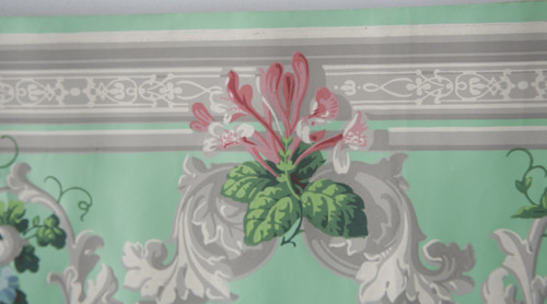 Lé de papier peint oiseaux et fleurs XIXe - « vert fin et gris »