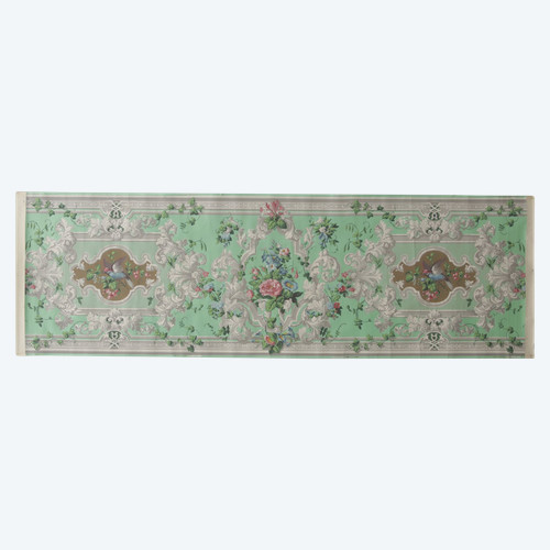 Lé de papier peint oiseaux et fleurs XIXe - « vert fin et gris »