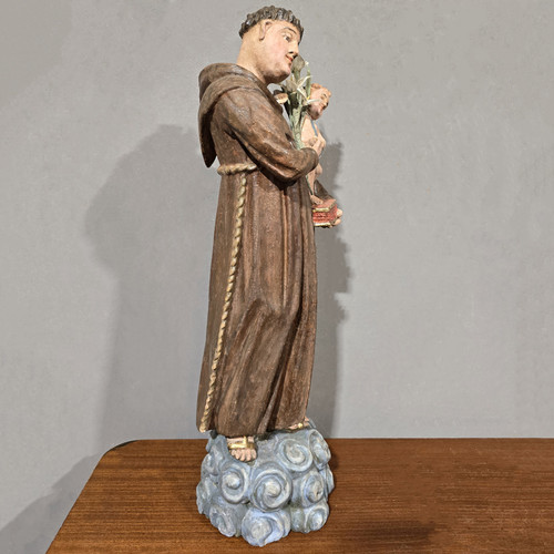 Sculpture ancienne en bois polychrome de Saint Antoine
