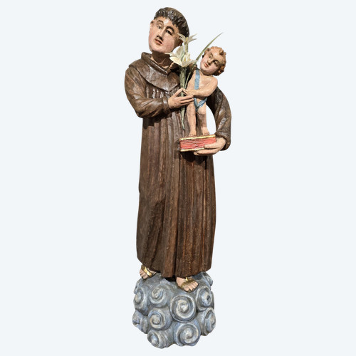 Sculpture ancienne en bois polychrome de Saint Antoine