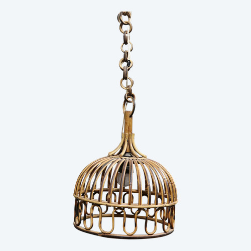 Suspension ronde en bambou et rotin