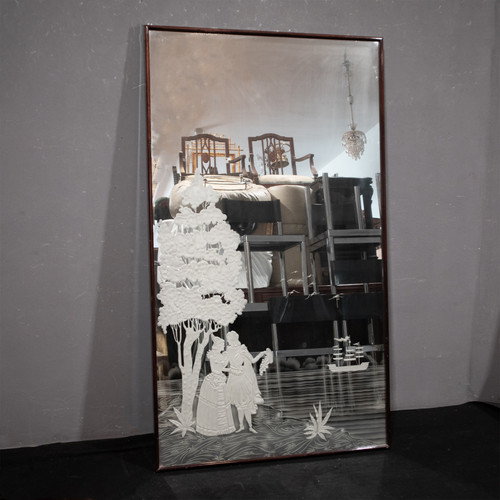 Großer Art-Déco-Wandspiegel mit Holzrahmen