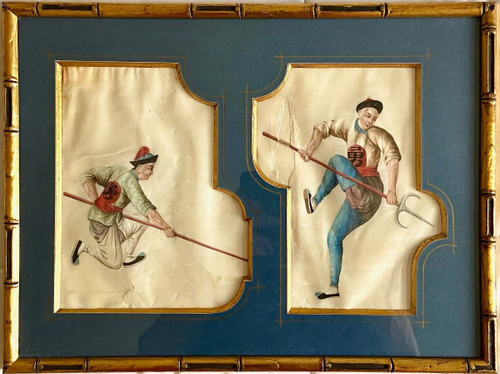 China, Circa 1900, Set Of Two Gouaches On Rice Paper Military Lancers.