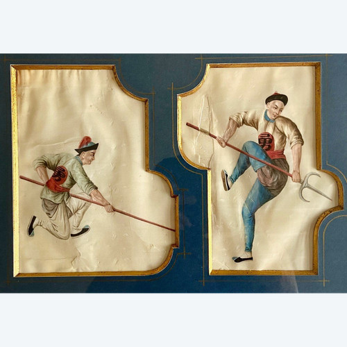 China, Circa 1900, Set Of Two Gouaches On Rice Paper Military Lancers.