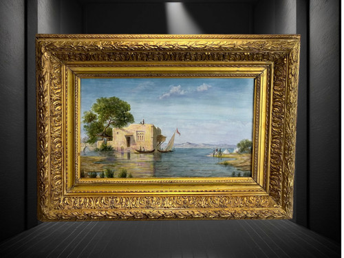 QUADRO / DIPINTO SU PIASTRA CERAMICA “SCENA ORIENTALE DEL LAGO” CON CORNICE