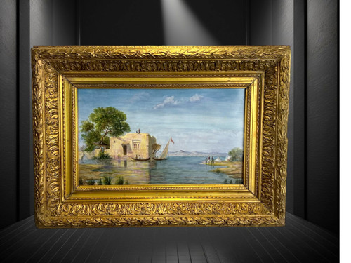 QUADRO / DIPINTO SU PIASTRA CERAMICA “SCENA ORIENTALE DEL LAGO” CON CORNICE