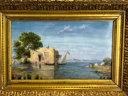 QUADRO / DIPINTO SU PIASTRA CERAMICA “SCENA ORIENTALE DEL LAGO” CON CORNICE