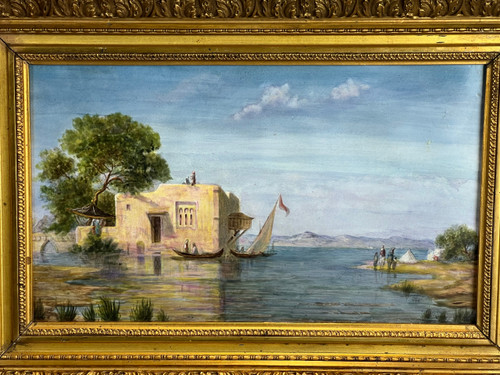 QUADRO / DIPINTO SU PIASTRA CERAMICA “SCENA ORIENTALE DEL LAGO” CON CORNICE