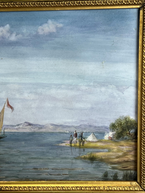 QUADRO / DIPINTO SU PIASTRA CERAMICA “SCENA ORIENTALE DEL LAGO” CON CORNICE