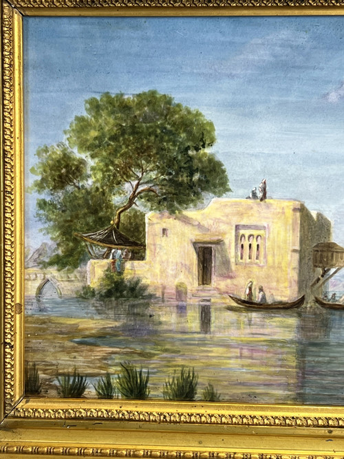 QUADRO / DIPINTO SU PIASTRA CERAMICA “SCENA ORIENTALE DEL LAGO” CON CORNICE